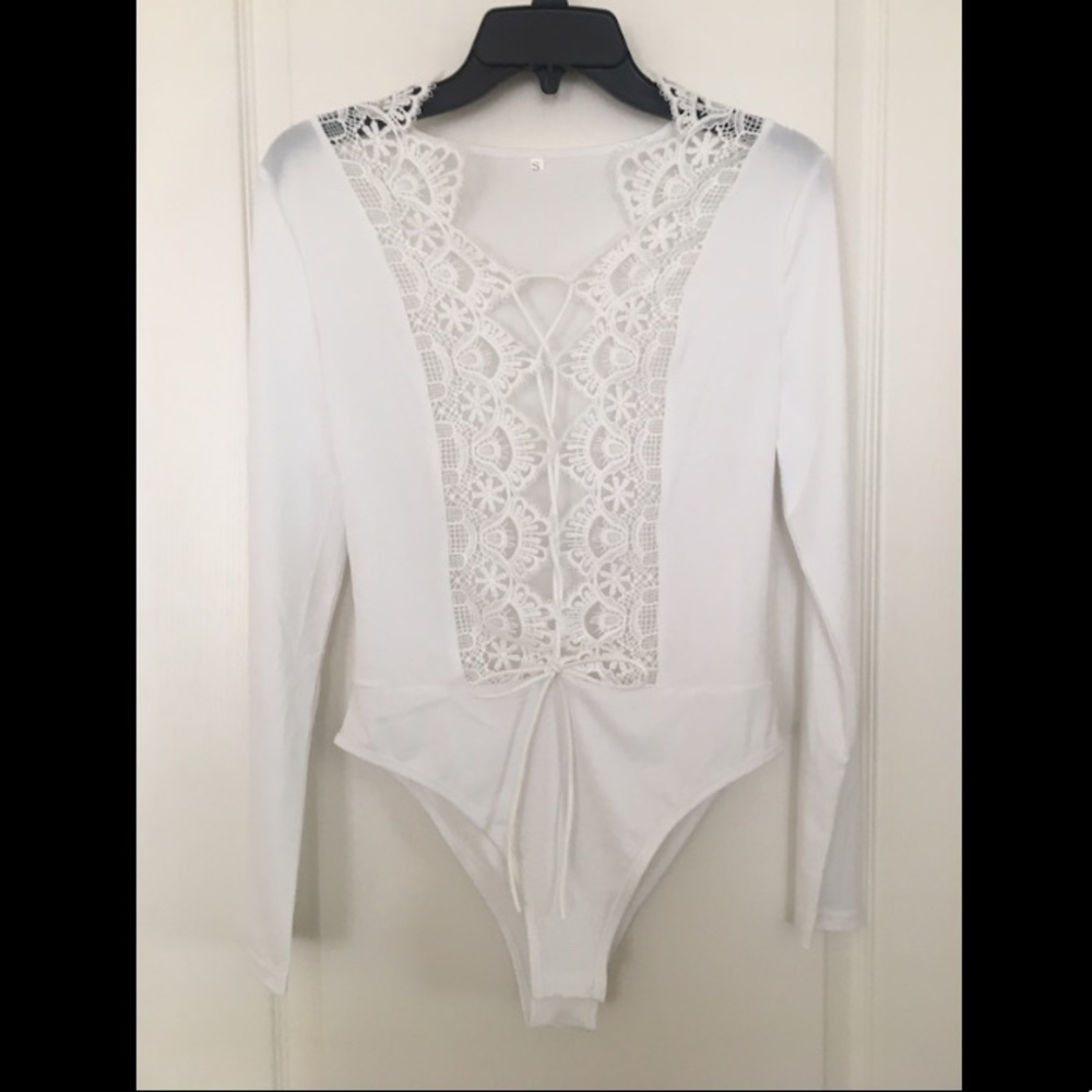 White lace-up front bodysuit— never worn